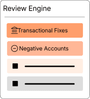 A review panel listing transactional fixes and negative accounts