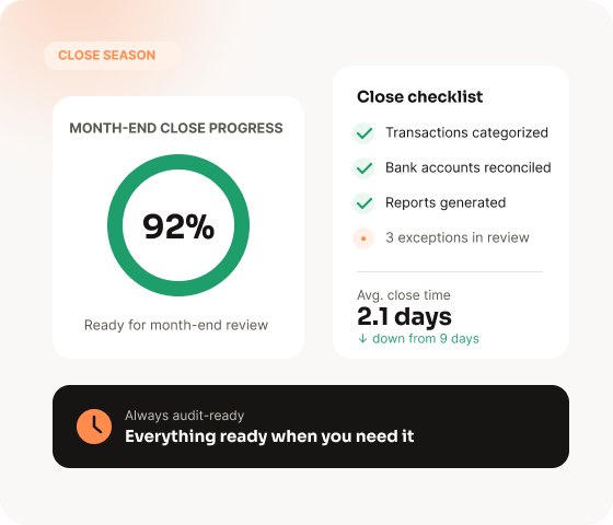 Month-end close progress at 92% with an audit-ready checklist