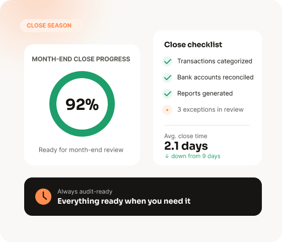 Month-end close progress at 92% with an audit-ready checklist